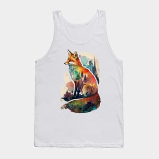 Fox Watercolor Forest Cute Autumn Leaves Landscape Animal Print Tank Top